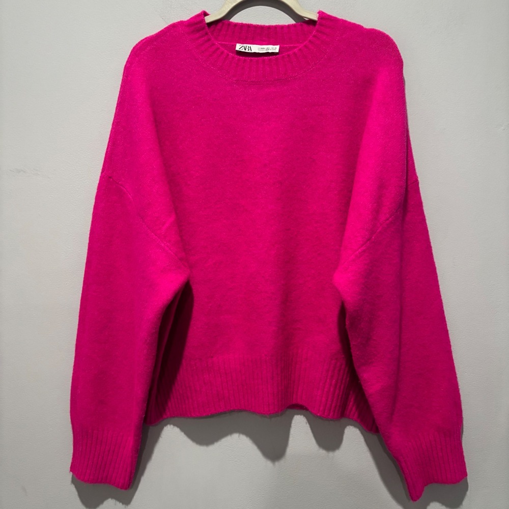 Zara Oversized Knit Sweater Fuchsia Pink Crew Neck Wool Blend Pullover Womens L - Picture 2 of 6